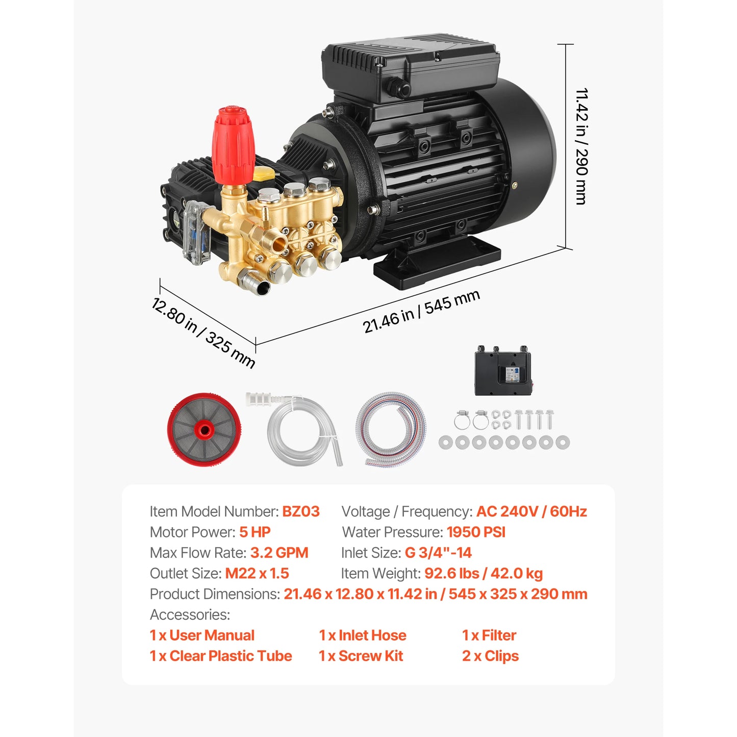 SucceBuy Electric Pressure Washer Pump Kit 1220/1950 PSI 2.2/3.2 GPM Triplex Power Washer Pump with Motor for Washing Car Garden