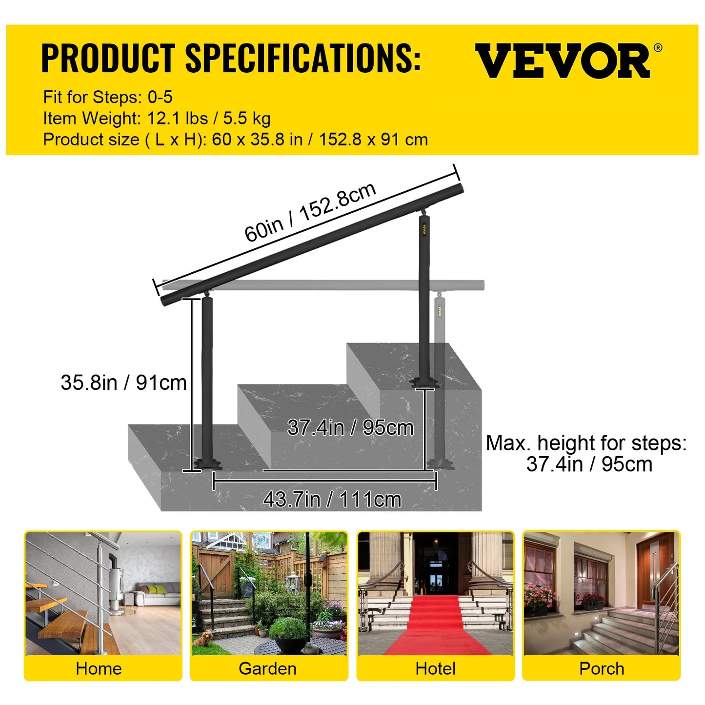 SucceBuy Handrail for Outdoor Steps Aluminum Stair Handrail Fit 0-5 Steps w/ Installation Kit Building Hardware Home Improvement