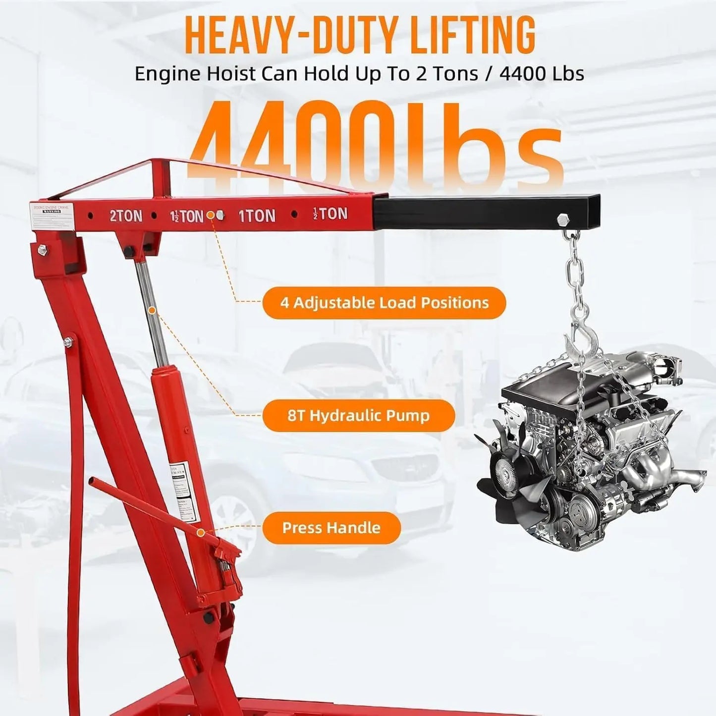 Cherry Picker Engine Hoist, Folding Engine Crane, 2 Ton 4400lb Engine Hoist Lift, Heavy Duty Hydraulic Engine Shop Crane with 6