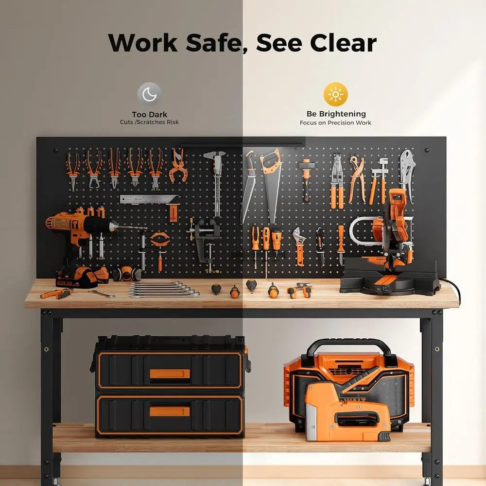 Adjustable Height 60 Workbench with Storage, Heavy Duty Rubberwood Top, LED Light, Power Strip for Workshops and Garages