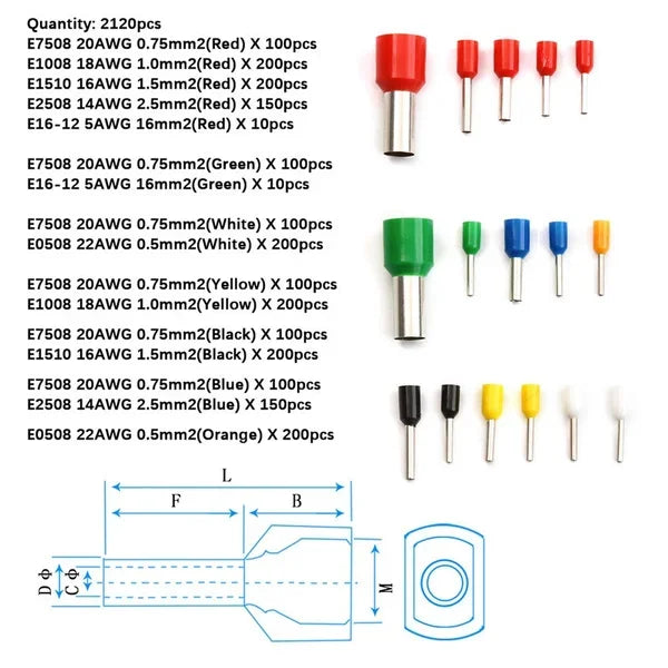 400-2120 Pcs Insulated Cord Pin End Terminal Bootlace Ferrules Kit Electrical Wire Copper Set VE Tubular Crimp Terminals Kit