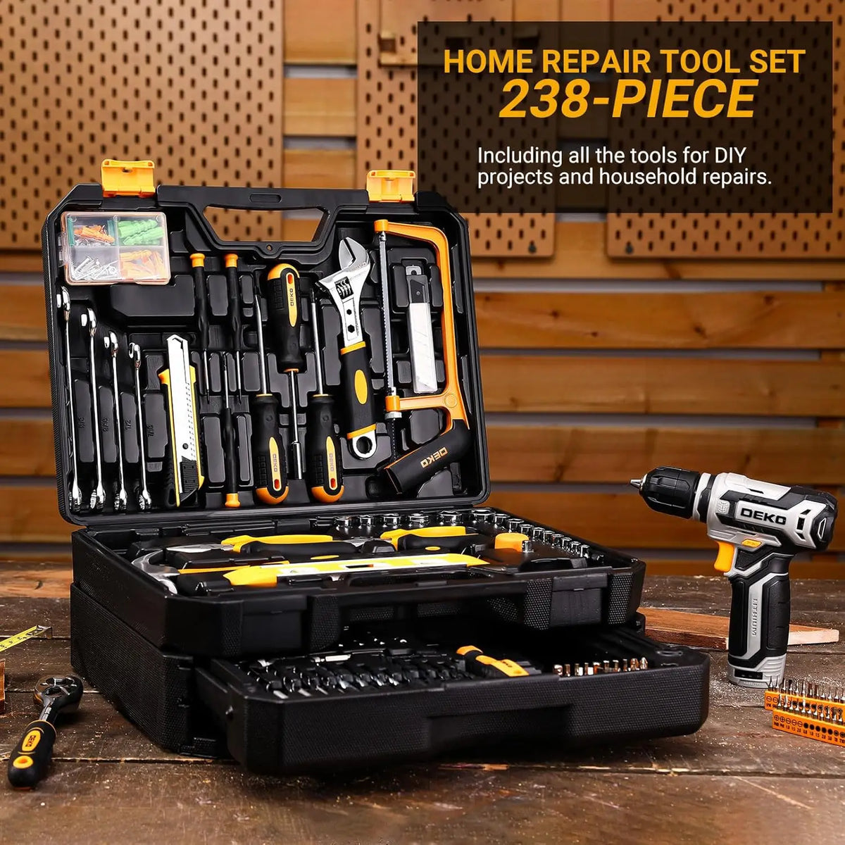 DEKO Home Mechanic Tool Set With Cordless Drill And Storage Case