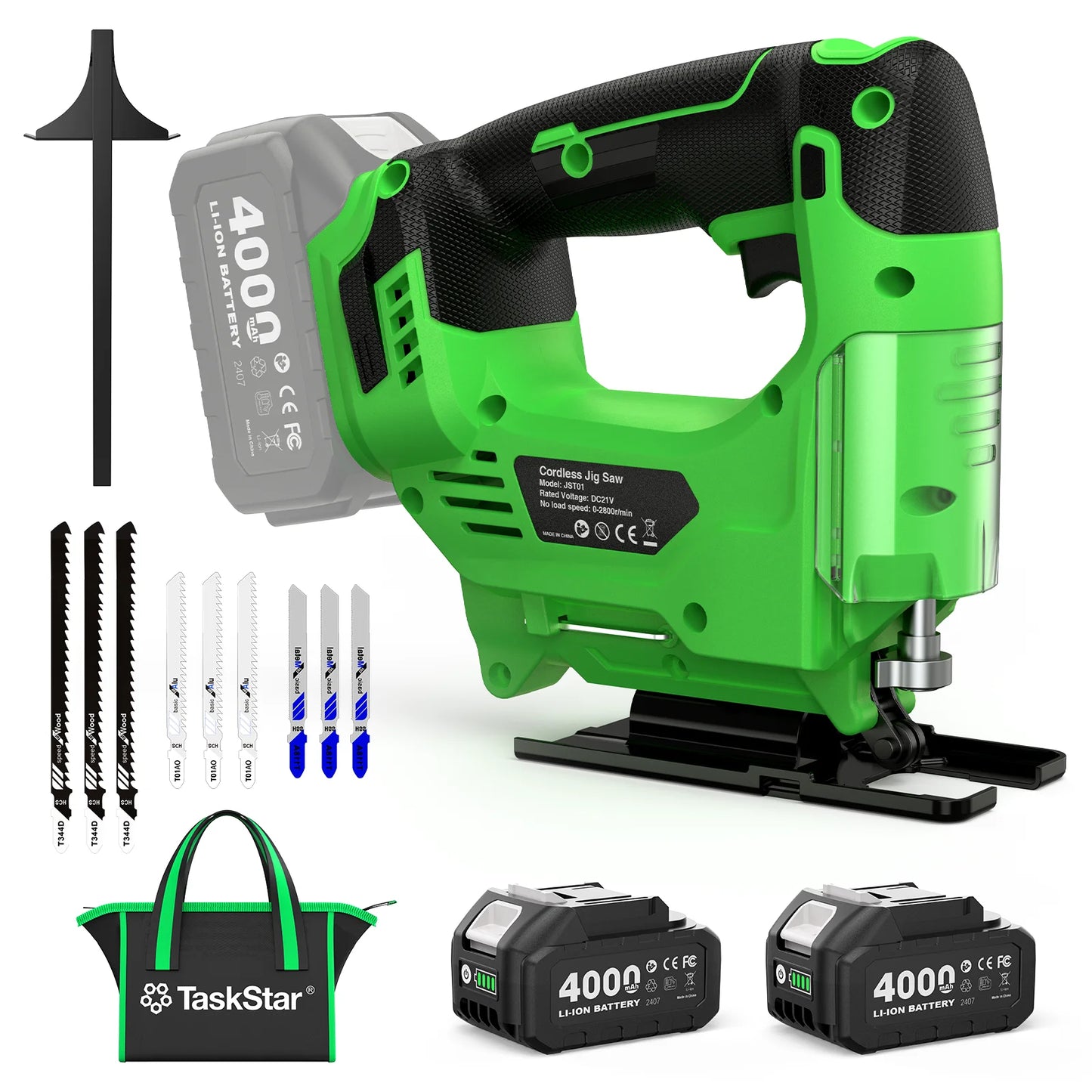 Taskstar Cordless Jig Saw Tool With 2*4.0Ah Batteries Brushless 9 Blades 0–45° Bevel Cutting 4 Orbital Setting Straight Curved Cuts Electric Jigsaw For Makita Battery