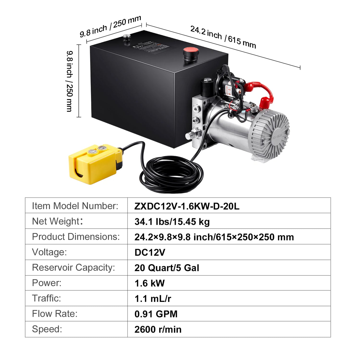 SucceBuy Hydraulic Pump 4-20 Quart Dump Trailer Pump Single Acting Dump Trailer Pump DC 12V Hydraulic Power Unit for Car Lifting