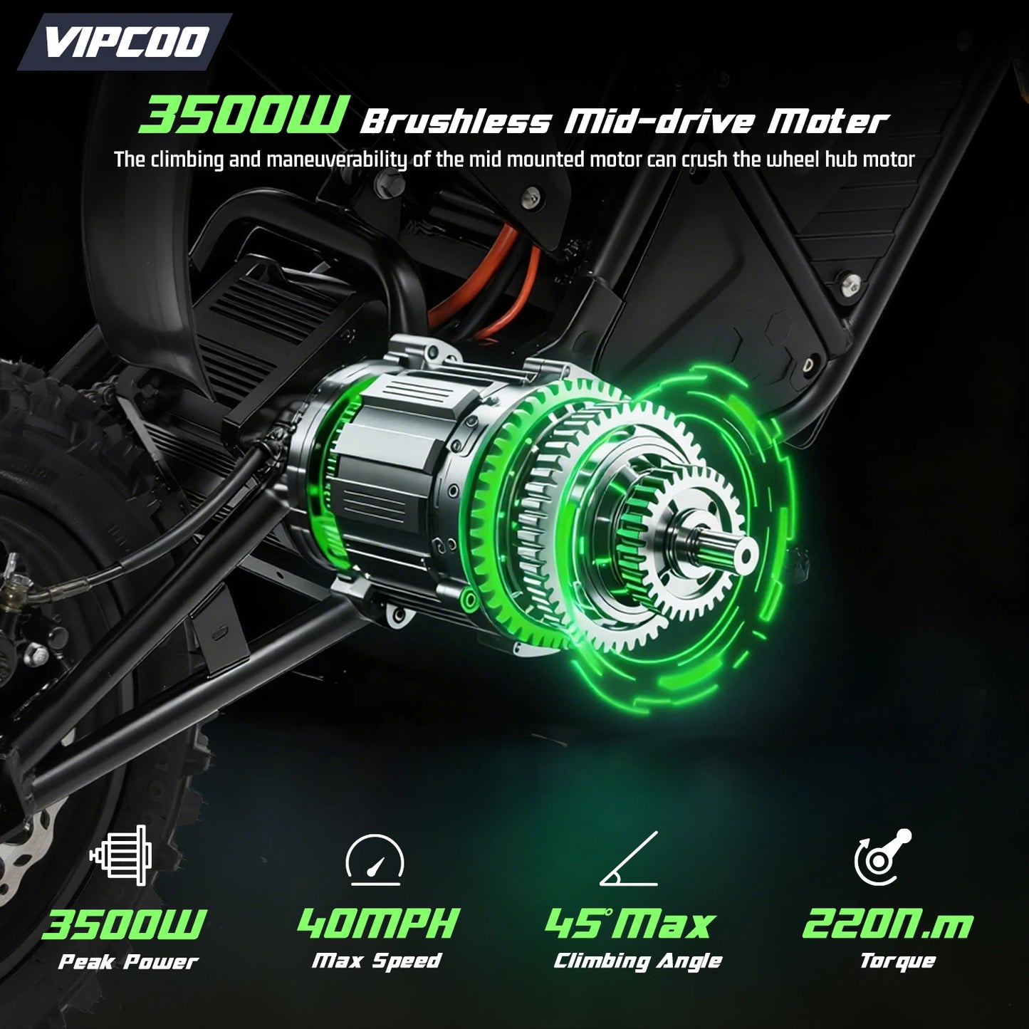 VIPCOO H3 Electric Dirt Bike 3500W 48V23AH Electric Motorcycle Fat Tire Nitrogen Suspension E Dirt Bike for Teens and Adults