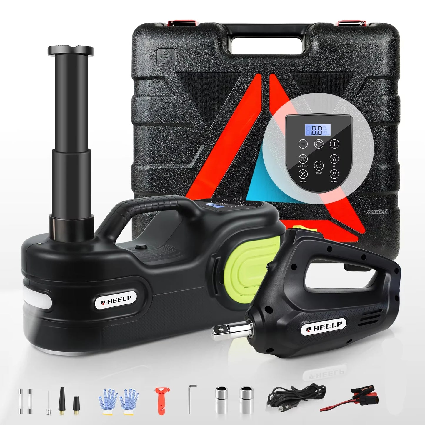 FOVOW 12V Electric Car Jack 5 Ton 4 in 1 Electric Hydraulic Jack 155-450/530mm With Impact Wrench Compressor LED Light