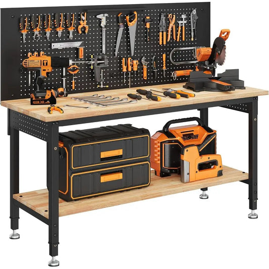 Adjustable Height 60 Workbench with Storage, Heavy Duty Rubberwood Top, LED Light, Power Strip for Workshops and Garages