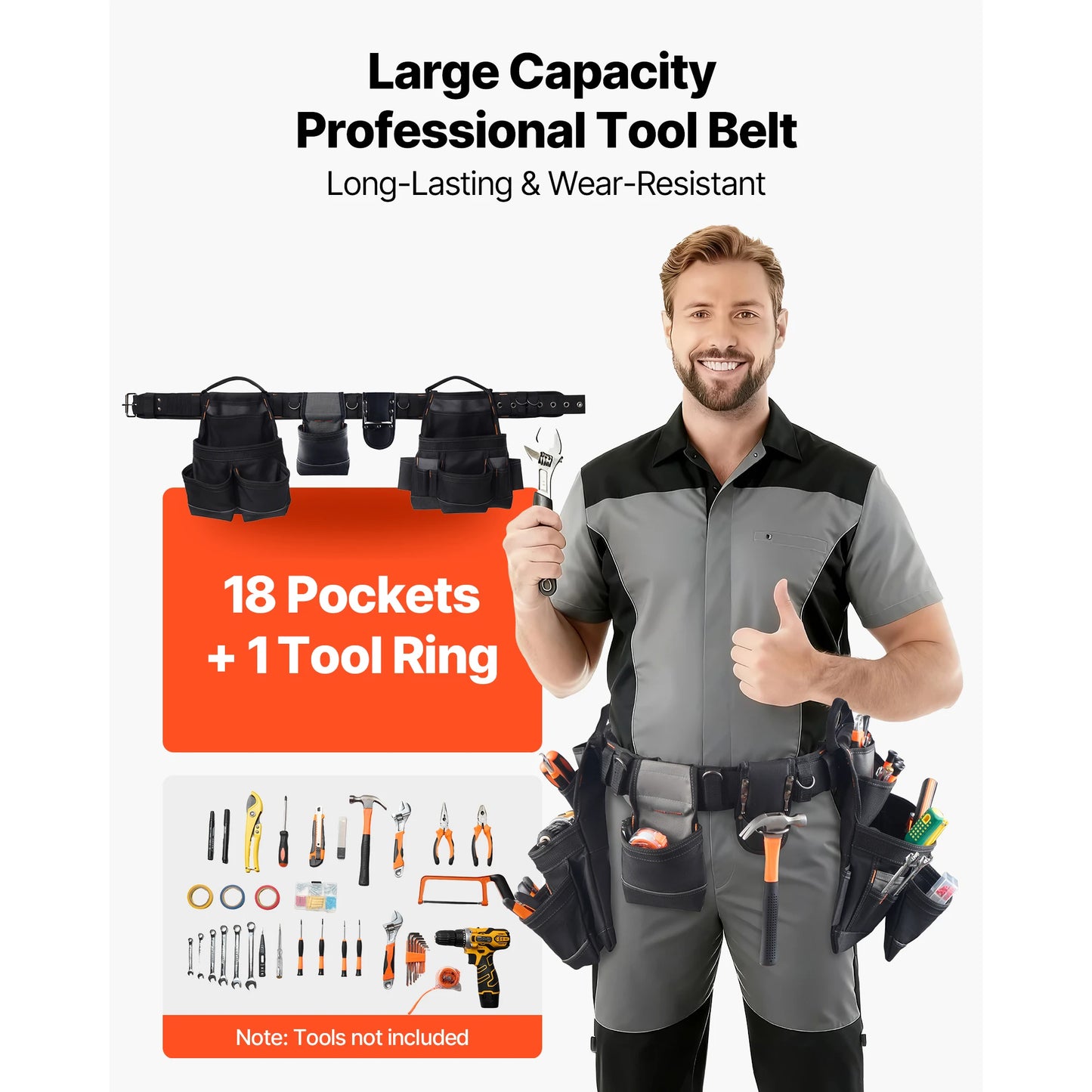 SucceBuy 18 Pockets Tool Belt 31-51in Adjustable Utility Tool Pouch Detachable Work Bag for Electrician Apron Tools Organizer