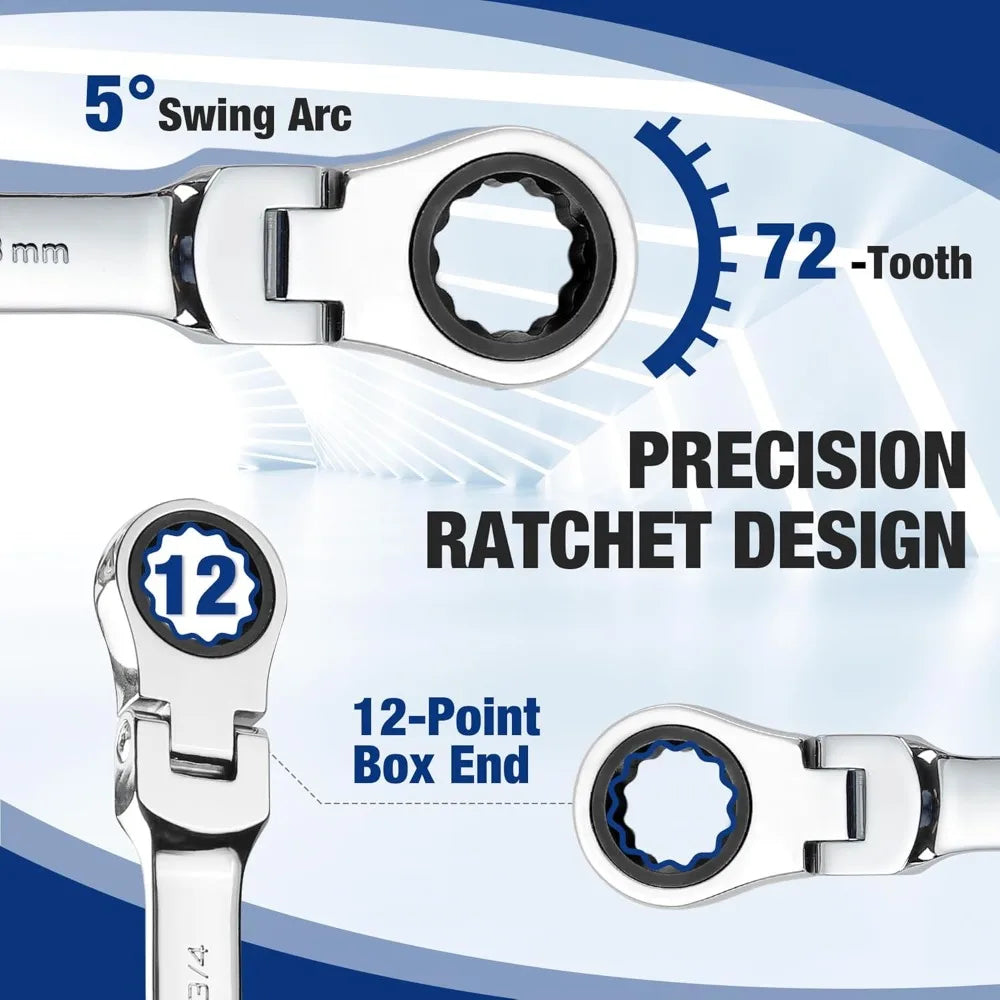 22-Piece Ratcheting Wrench Set, Flex-Head Combination Wrenches with Organizer Case, 72-Tooth, Metric & SAE