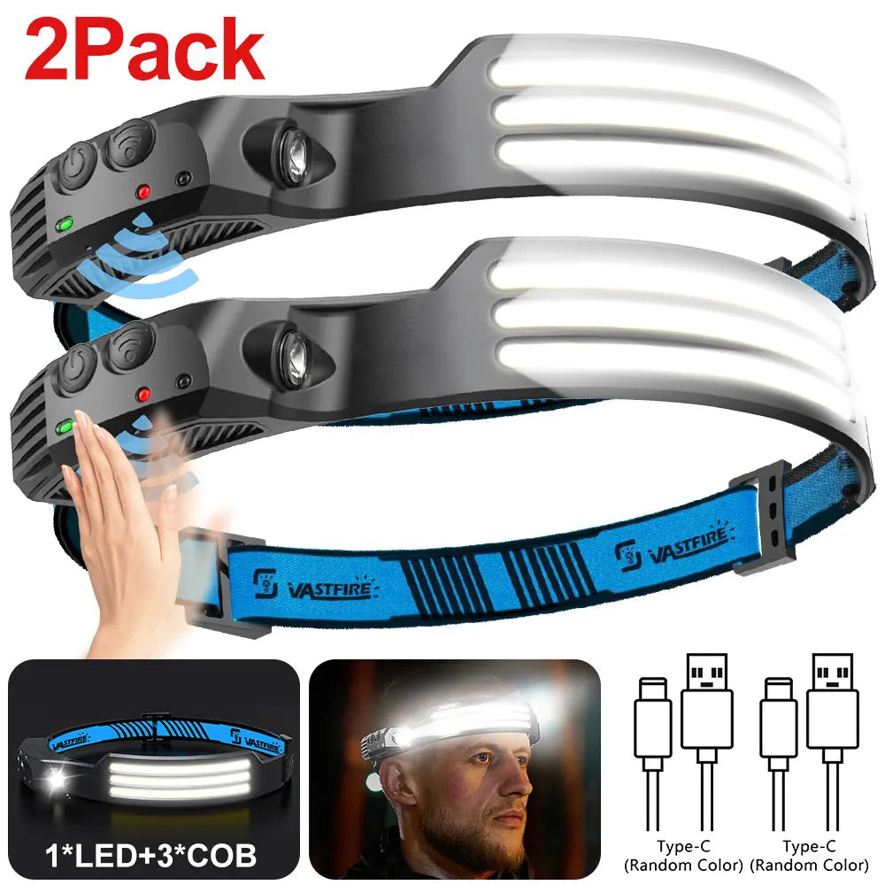 2pcs usb rechargeable head flashlight super bright led with motion sensor for camping running fishing