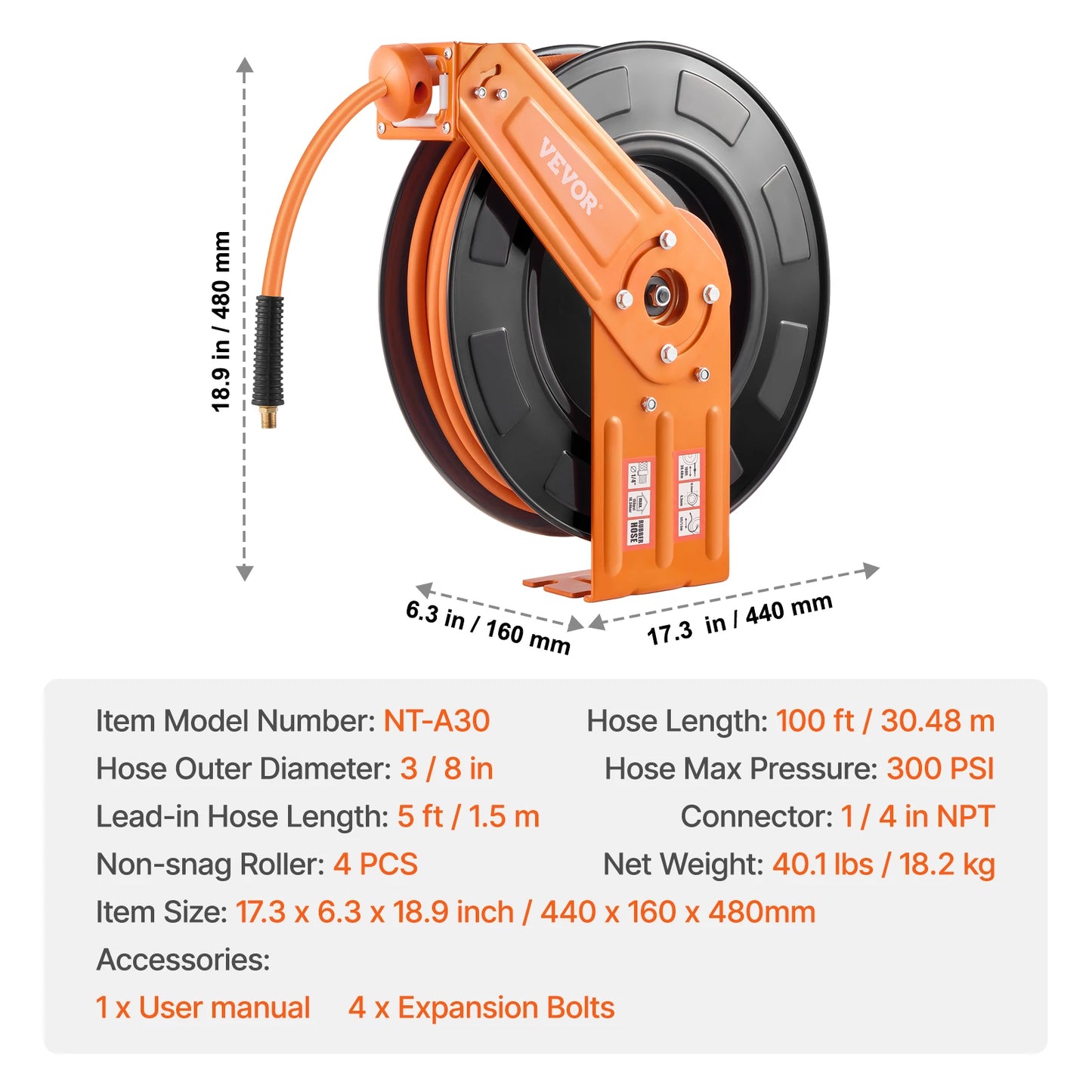 VEVOR Retractable Air Hose Reel With Auto Rewind Ceiling Mount