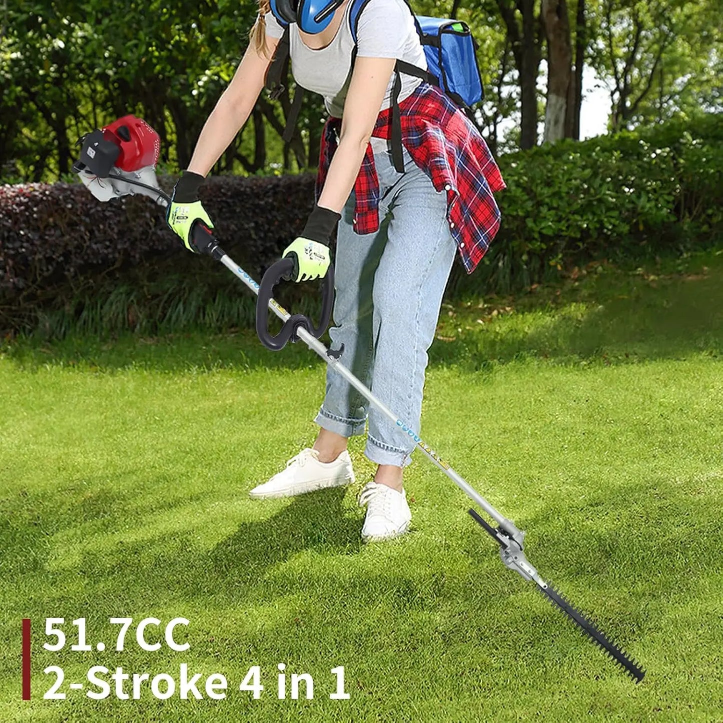 4-in-1 Side-Mount Lawn Mower (2-Stroke 51.7CC) - 1.4kW Power&6500rpm, 1.2L Tank&Extension Pole, Ideal for Trimming Grass/Hedges