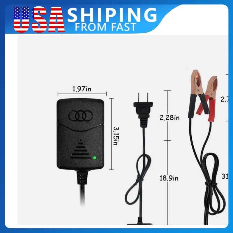 Smart 12V Car Battery Charger 1A Lead-Acid With Indicator Light 14.4 Volt Dual Wire Alligator Clip Camping Auto Charging Socket