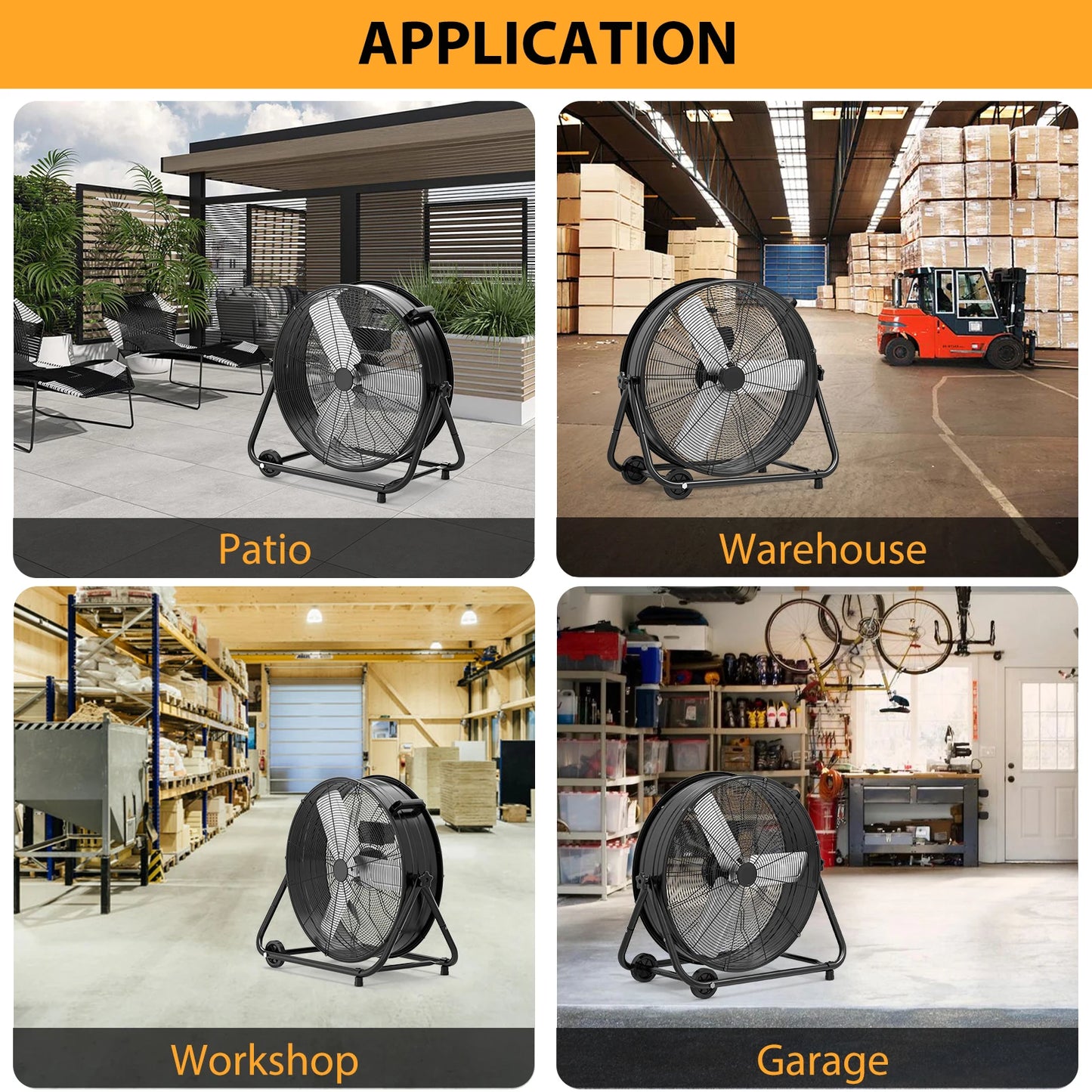 24 In Industrial Drum Fan High Velocity Floor Fan, 3 Speed Heavy Duty Metal Air Circulator Fan, 360° Tilt for Warehouse, Commerc