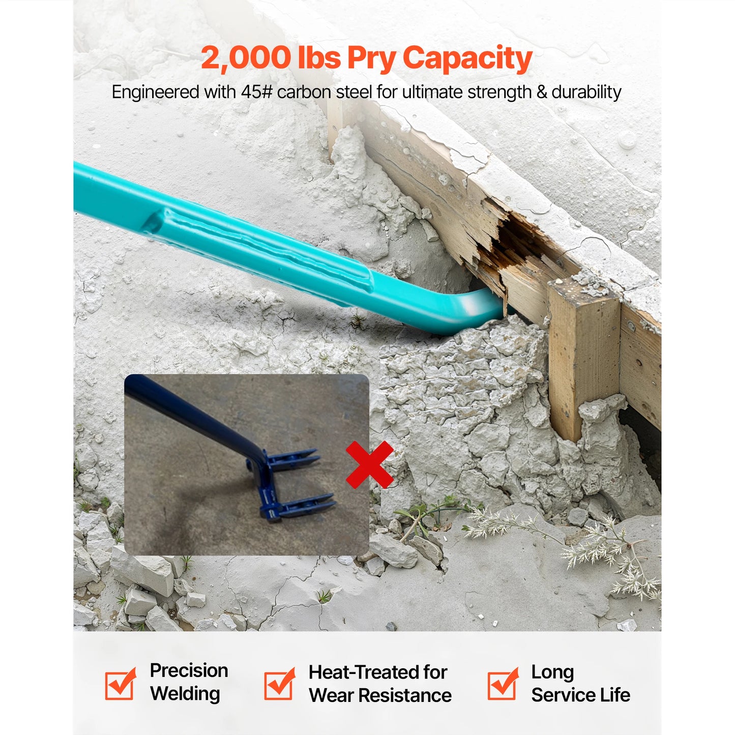 SucceBuy 2000 lbs Prylever Bar 52.5in Carbon Steel Handle Pry Lever Bar 56in Long Crowbar for Industrial Concrete Demolition