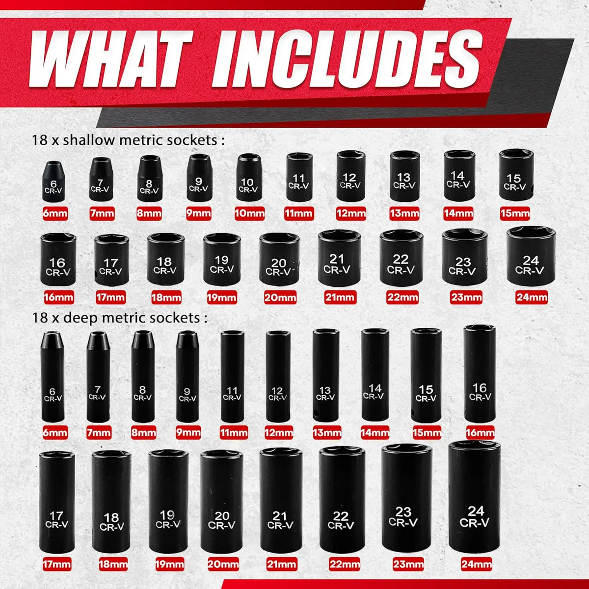 64pcs 3/8" Drive Impact Socket Set, SAE/Metric Deep & Shallow, Cr-V Steel with 72T Ratchet Handle, Extension Bars, Bit Adapter