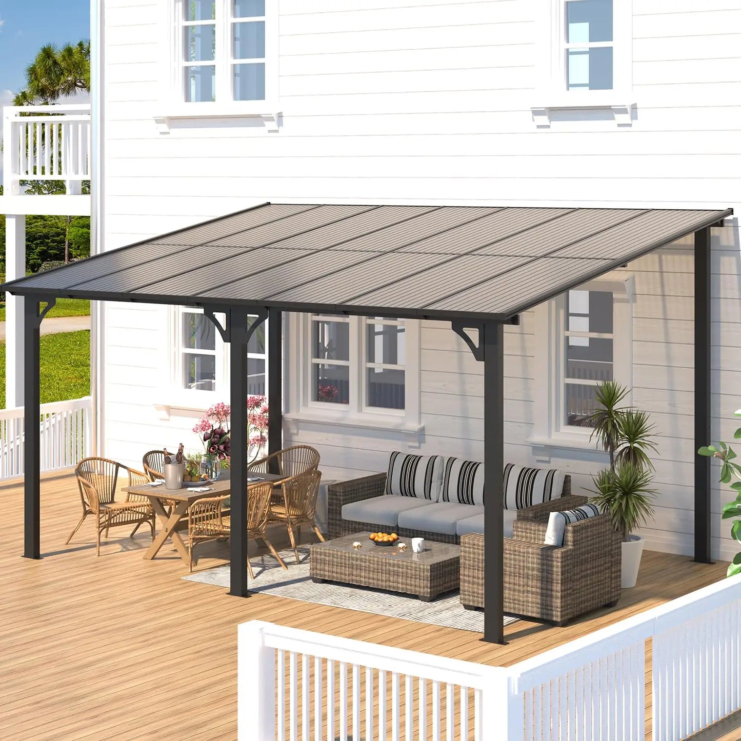 14x10 Hard Top Lean-to Gazebo Pergola with Wall-Mounted Steel Roof 140sqft Shade for Patio Deck Backyard Customized