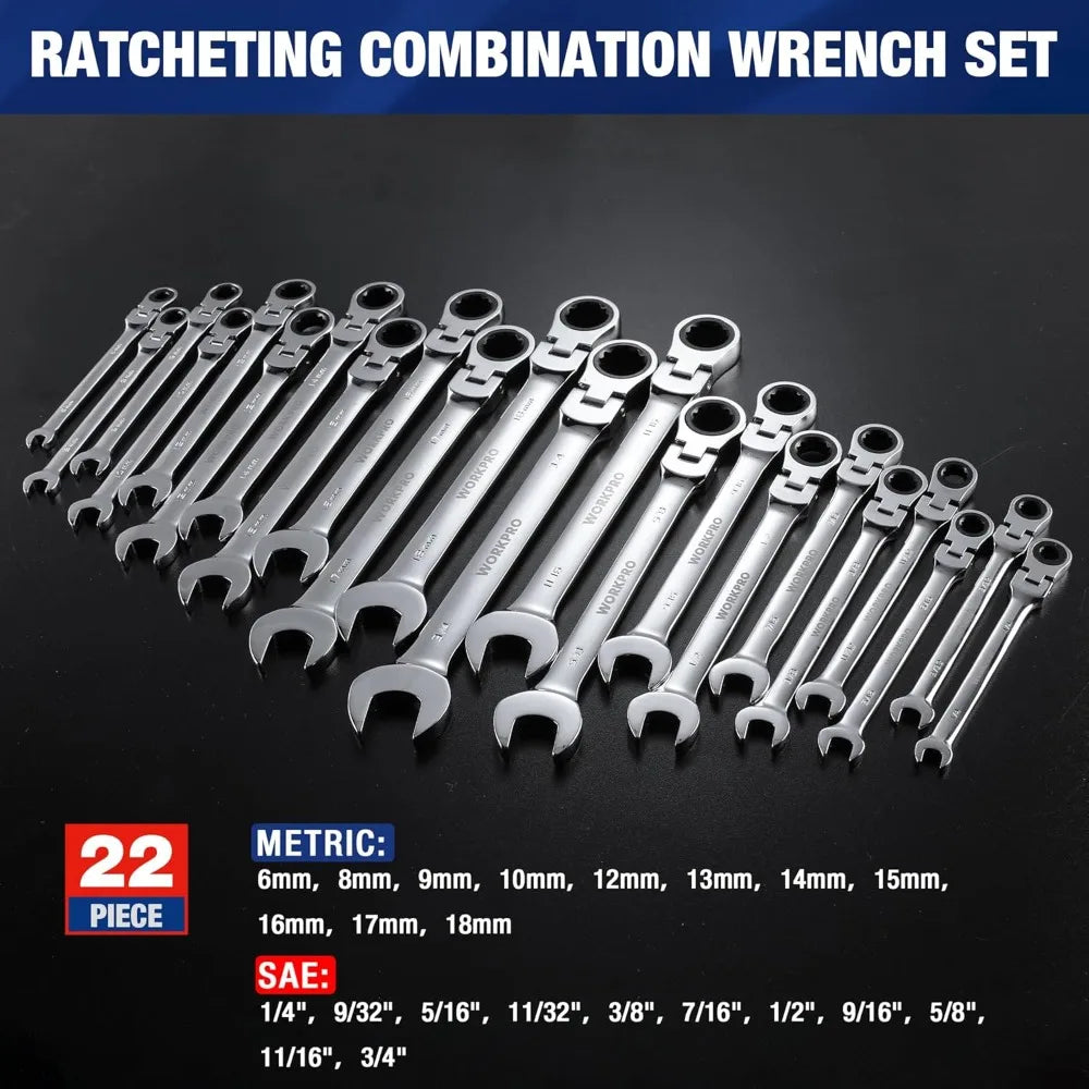 22-Piece Ratcheting Wrench Set, Flex-Head Combination Wrenches with Organizer Case, 72-Tooth, Metric & SAE