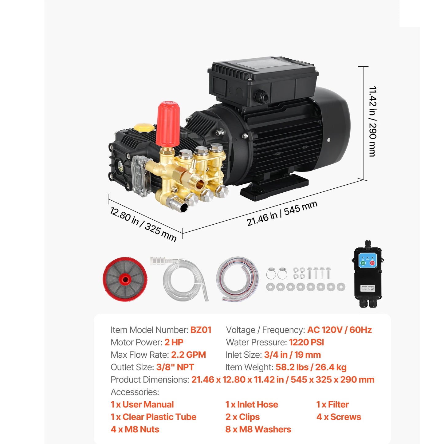 SucceBuy Electric Pressure Washer Pump Kit 1220/1950 PSI 2.2/3.2 GPM Triplex Power Washer Pump with Motor for Washing Car Garden